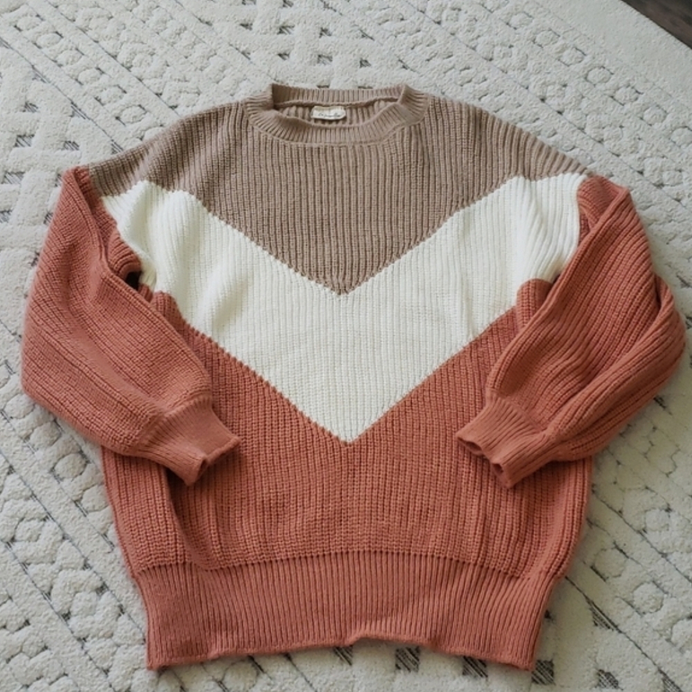 Chevron Knit Sweater - Taupe, Cream & Terracotta